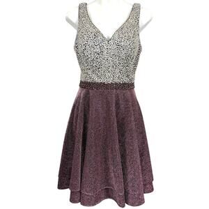 Amarra Womens Beaded Prom Skater Sleeveless V-Neck Formal Plum Dress Mini sz 10